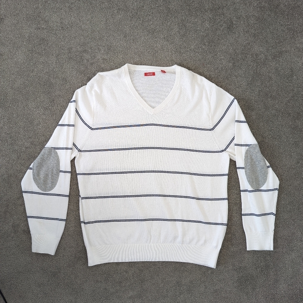 Men's IZOD Striped V-Neck Sweater with Elbow Patches - Size XLT